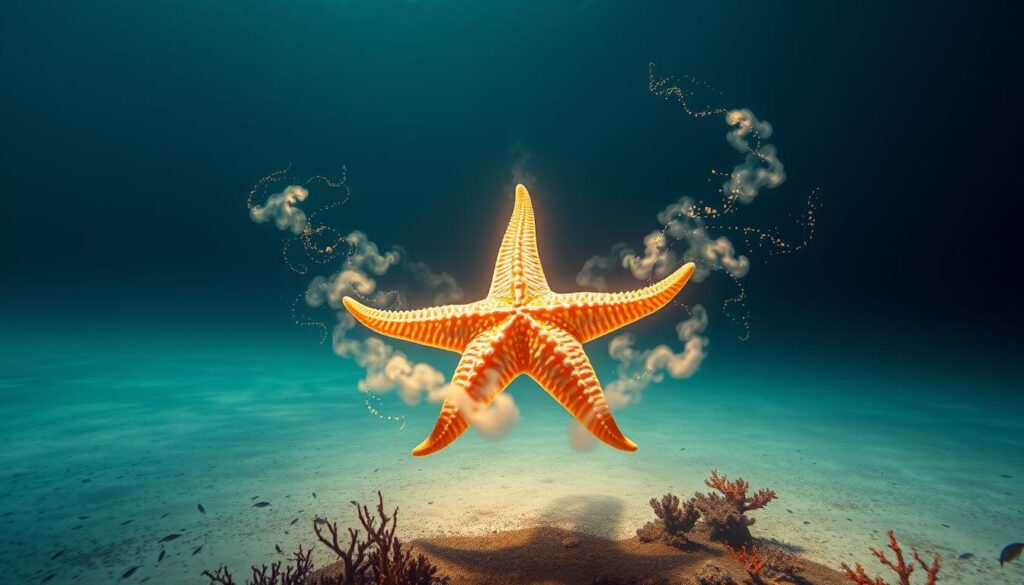 Serene underwater scene showcasing a dreamlike starfish hovering above a tranquil seabed. Warm, glowing lighting illuminates the starfish's iridescent petals, casting a soft, ethereal aura. The starfish appears to levitate, its tentacles subtly swaying as if in a meditative trance. Swirling clouds of bioluminescent plankton dance around the starfish, creating an atmosphere of mystical energy. The background is a gradient of deep blues and greens, conveying a sense of expansive spiritual depth. Delicate coral formations and schools of small fish complete the serene, otherworldly composition. Serene underwater scene showcasing a dreamlike starfish hovering above a tranquil seabed. Warm, glowing lighting illuminates the starfish's iridescent petals, casting a soft, ethereal aura. The starfish appears to levitate, its tentacles subtly swaying as if in a meditative trance. Swirling clouds of bioluminescent plankton dance around the starfish, creating an atmosphere of mystical energy. The background is a gradient of deep blues and greens, conveying a sense of expansive spiritual depth. Delicate coral formations and schools of small fish complete the serene, otherworldly composition.