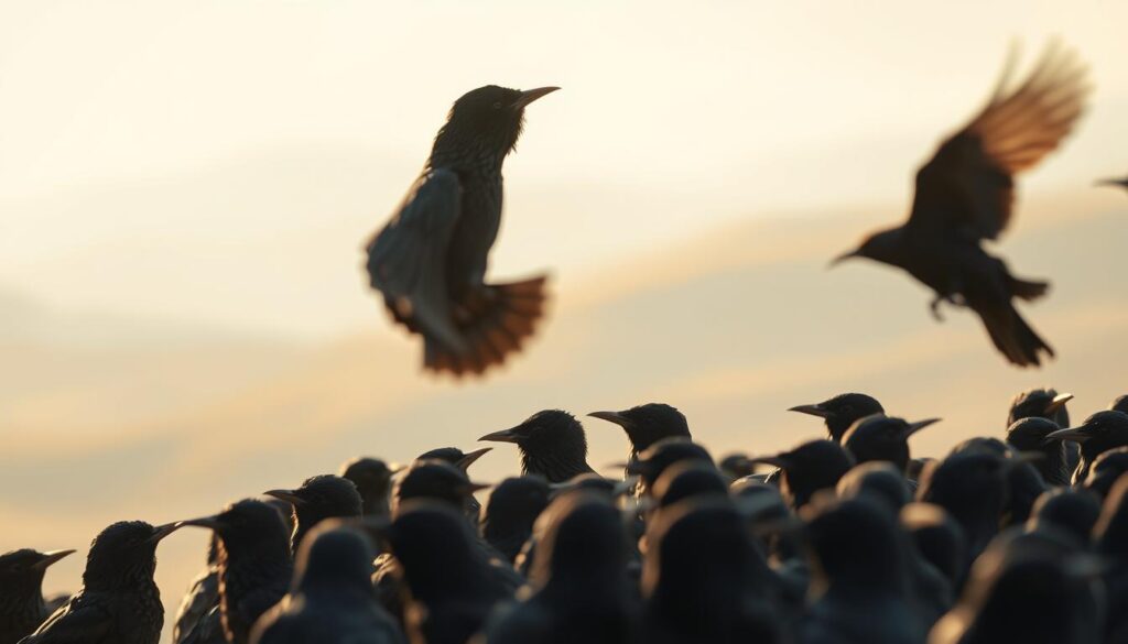 Starling flock in a dreamlike landscape, with a soft, diffused lighting casting a warm, ethereal glow. In the foreground, a cluster of starlings appear to be in a state of contemplation, their beaks slightly parted as if engaged in a silent dialogue. The middle ground features a blurred, impressionistic backdrop of rolling hills or distant mountains, hinting at a sense of depth and mystery. The background is imbued with a subtle, pastel-like palette, creating a serene and calming atmosphere. The overall composition evokes a sense of introspection, inviting the viewer to ponder the symbolic significance of the starling's presence in this tranquil, almost mystical setting.