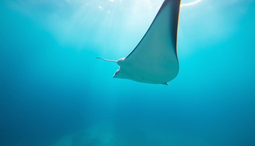 Stingray gracefully gliding through a serene underwater realm, its ethereal form emanating a sense of tranquility. Soft ambient lighting filters through azure waters, casting a dreamlike glow upon the scene. In the foreground, the stingray's hypnotic movements are captured with a shallow depth of field, inviting the viewer to ponder its symbolic significance. The middle ground reveals a hazy, dreamscape-like environment, suggesting a subconscious realm where the stingray's presence holds deeper meaning. The background maintains a sense of mystery, leaving room for contemplation and interpretation of the stingray's message within the viewer's own psyche.