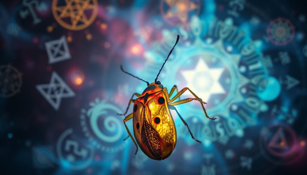 Stink bug floating amid vibrant dream-like atmosphere, surrounded by glowing symbols and mystical runes. Ethereal, bioluminescent energy emanates from the insect, illuminating the scene. In the background, a swirling vortex of cosmic patterns and kaleidoscopic shapes, hinting at the insect's connection to the unseen realm. Soft, diffused lighting casts a serene, contemplative mood. The stink bug's antennae twitch slightly, as if receiving a coded transmission from a higher plane of existence. Dramatic low-angle perspective places the viewer in an almost reverential position towards the mysterious creature and its hidden message. Stink bug floating amid vibrant dream-like atmosphere, surrounded by glowing symbols and mystical runes. Ethereal, bioluminescent energy emanates from the insect, illuminating the scene. In the background, a swirling vortex of cosmic patterns and kaleidoscopic shapes, hinting at the insect's connection to the unseen realm. Soft, diffused lighting casts a serene, contemplative mood. The stink bug's antennae twitch slightly, as if receiving a coded transmission from a higher plane of existence. Dramatic low-angle perspective places the viewer in an almost reverential position towards the mysterious creature and its hidden message.