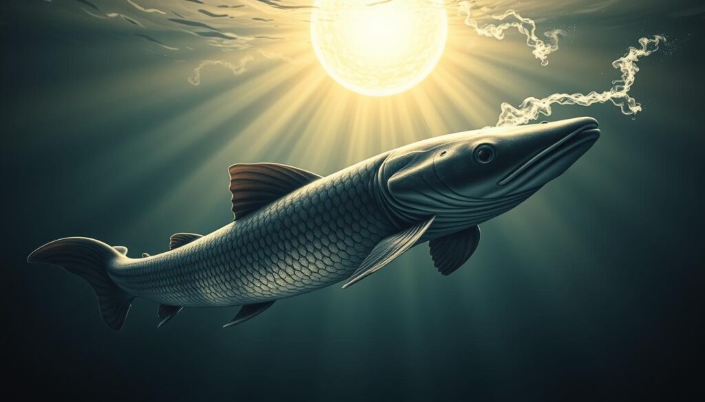Sturgeon swimming in a dreamlike aquatic realm, backlit by a glowing celestial orb. Shimmering scales catch the ethereal light, while the sturgeon's majestic form undulates gracefully, as if guided by unseen cosmic forces. Wispy tendrils of mist swirl around the creature, blurring the boundaries between the physical and the metaphysical. The scene exudes a sense of portent and premonition, hinting at the sturgeon's role as a harbinger of prophetic visions. Dramatic chiaroscuro lighting casts dramatic shadows, evoking a mystical, otherworldly atmosphere. Sturgeon swimming in a dreamlike aquatic realm, backlit by a glowing celestial orb. Shimmering scales catch the ethereal light, while the sturgeon's majestic form undulates gracefully, as if guided by unseen cosmic forces. Wispy tendrils of mist swirl around the creature, blurring the boundaries between the physical and the metaphysical. The scene exudes a sense of portent and premonition, hinting at the sturgeon's role as a harbinger of prophetic visions. Dramatic chiaroscuro lighting casts dramatic shadows, evoking a mystical, otherworldly atmosphere.