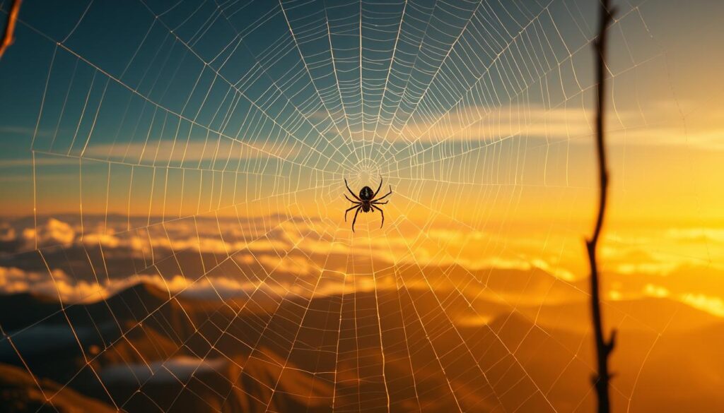 a dreamy, surreal landscape depicting the psychological significance of spiders in dreams. in the foreground, a large, intricate spider web dominates the scene, its delicate strands casting shadows and refracting light in a mesmerizing display. within the web, a single spider sits, its eyes gleaming with an almost sentient intelligence. the middle ground features a vast, ethereal landscape, with mountains and clouds that seem to shift and morph, suggesting the ephemeral nature of dreams. the background is bathed in a warm, golden glow, as if illuminated by an unseen celestial source, creating an atmosphere of contemplation and introspection. the overall mood is one of wonder, mystery, and the interconnectedness of the subconscious mind. a dreamy, surreal landscape depicting the psychological significance of spiders in dreams. in the foreground, a large, intricate spider web dominates the scene, its delicate strands casting shadows and refracting light in a mesmerizing display. within the web, a single spider sits, its eyes gleaming with an almost sentient intelligence. the middle ground features a vast, ethereal landscape, with mountains and clouds that seem to shift and morph, suggesting the ephemeral nature of dreams. the background is bathed in a warm, golden glow, as if illuminated by an unseen celestial source, creating an atmosphere of contemplation and introspection. the overall mood is one of wonder, mystery, and the interconnectedness of the subconscious mind.