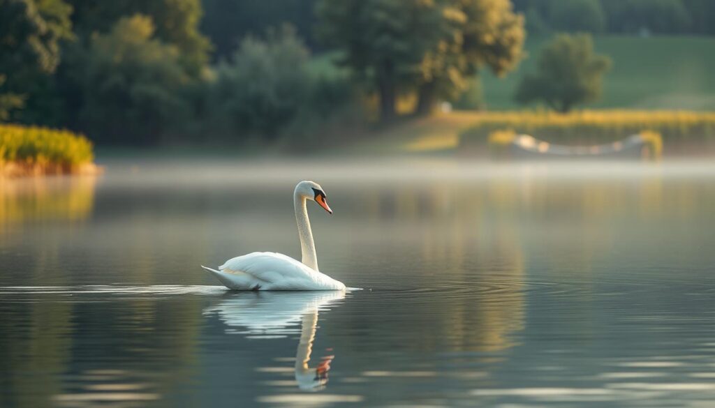 a serene and tranquil scene of a swan gracefully swimming in a calm, mirror-like lake, surrounded by lush greenery and a soft, dreamlike atmosphere. The swan's elegant movements and reflective surface suggest a sense of inner peace and contemplation. Soft, warm lighting illuminates the scene, creating a sense of ethereal beauty and wonder. The composition is balanced and harmonious, with the swan positioned centrally and the landscape gently receding into the background. The overall mood is one of peaceful introspection and positive symbolic interpretation of the swan as a representation of grace, transformation, and spirituality.